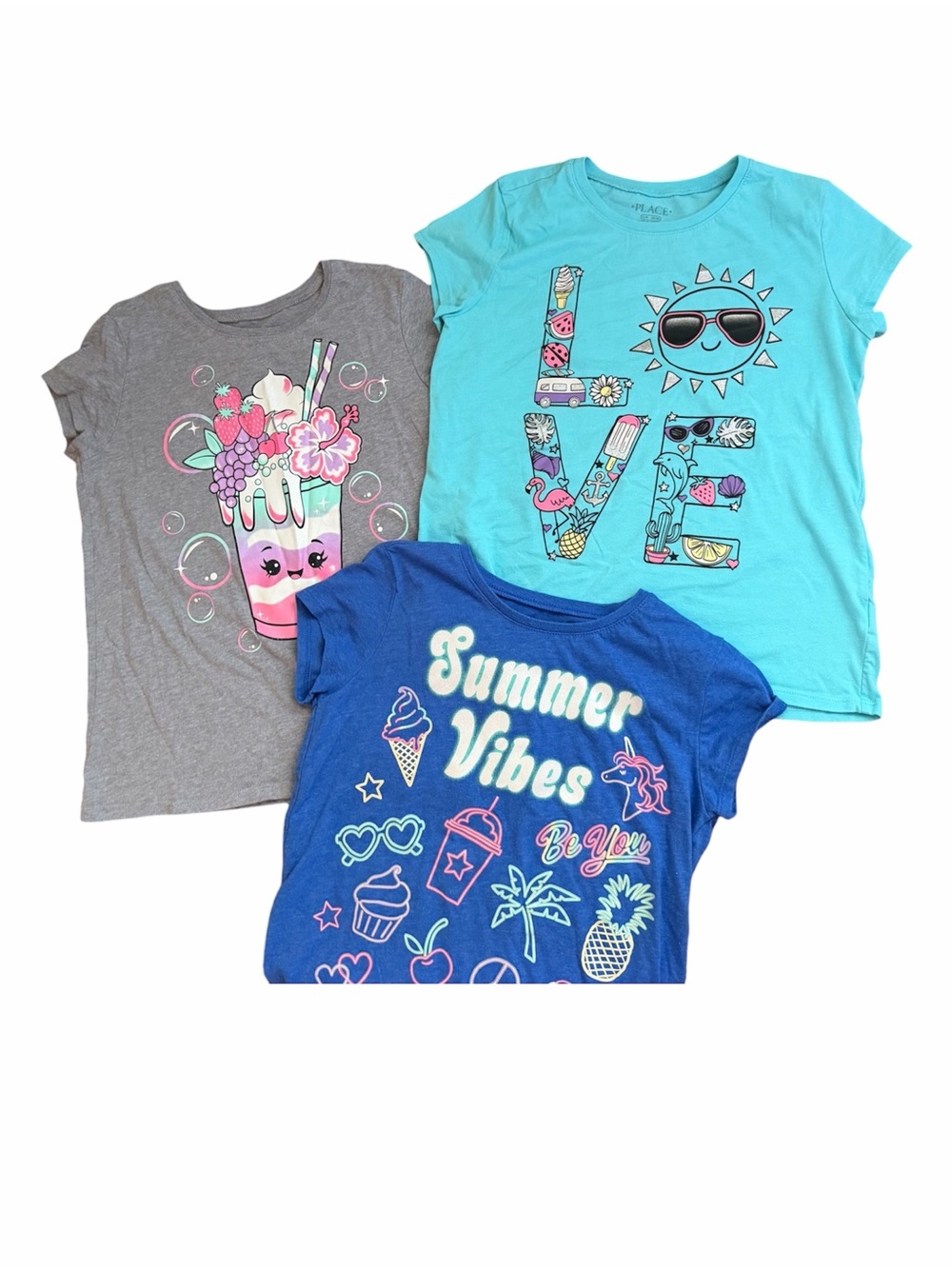 2/$10 Place Girls Tees. Summer Graphic Tee - Blue, Turquoise & Free Gray bonus T